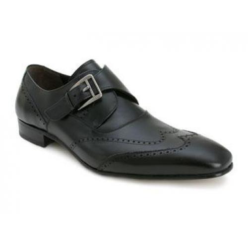 Mezlan "Otis" Black Genuine Antique Italian Calfskin Wingtip Loafer Shoes With Monkstrap 15121